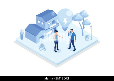 Green energy, Characters showing eco private house, isometric vector modern illustration Stock Vector