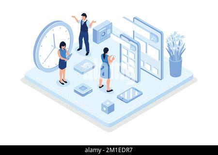 Schedule planning, Characters making schedule using calendar, isometric vector modern illustration Stock Vector