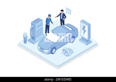 Green energy, characters showing electric car, isometric vector modern illustration Stock Vector