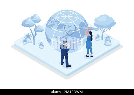 Sustainability, People trying to save planet earth with eco friendly technologies, isometric vector modern illustration Stock Vector