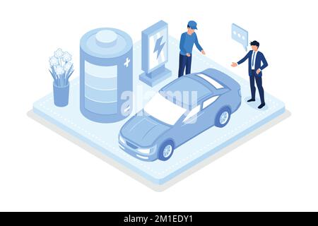 Sustainability, People trying to save planet earth with electric car with battery, isometric vector modern illustration Stock Vector