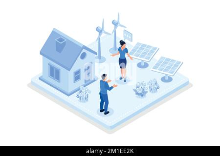 Sustainability, People trying to save planet earth with house with solar energy panels, windmills, isometric vector modern illustration Stock Vector