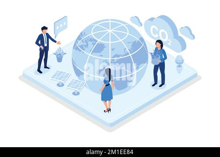 Environmental protection, characters trying to reduce CO2 emission, isometric vector modern illustration Stock Vector