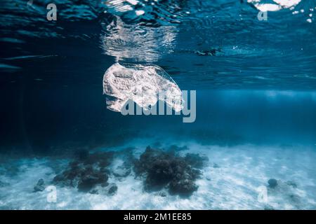 Underwater view in blue ocean with plastic bag and rubbish, ecological problem Stock Photo