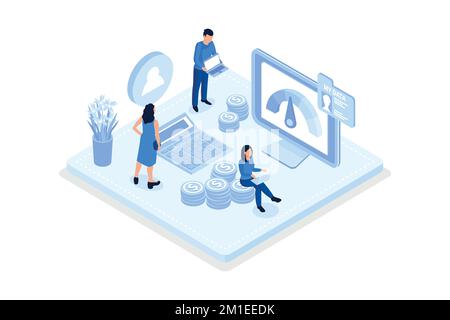 Characters with good credit score receiving loan approval from bank, isometric vector modern illustration Stock Vector