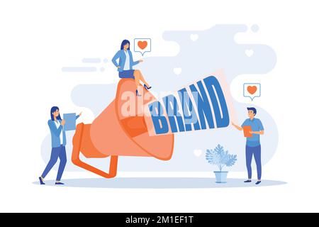 Marketers with megaphone conducting brand awareness campaign. Brand awareness, product research result, marketing survey metrics concept, flat vector Stock Vector