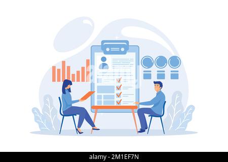 Employer meeting job applicant at pre-employment assessment. Employee evaluation, assessment form and report, performance review concept, flat vector Stock Vector