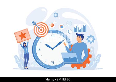 Businessman trying to accomplish tasks and goals on time and big clock and computer. Time management, effective time spending, time planning concept, Stock Vector