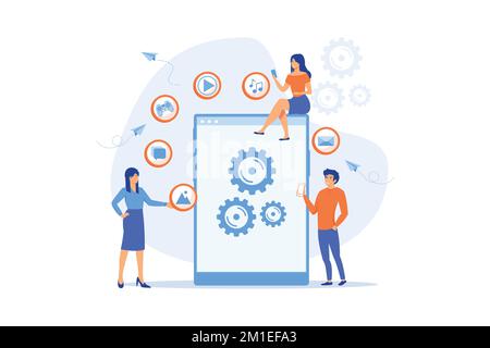 SEO, website, software development. App optimization, programming. Web designers, programmers cartoon characters. Mobile content concept, flat vector Stock Vector