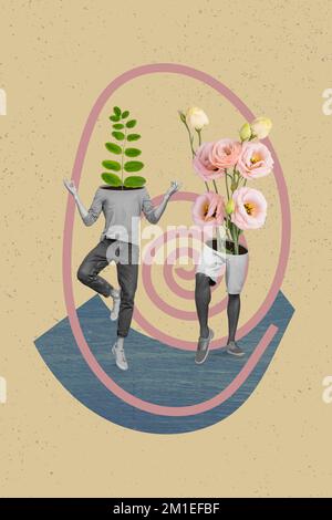 Exclusive magazine picture sketch collage image of funny people flowers instead of body head isolated painting background Stock Photo