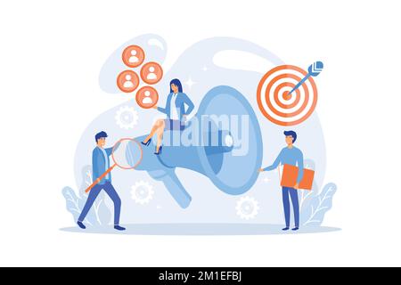 Businessman look with magnifier at target group. Market segmentation and adverts, target market and customer concept on white background, flat vector Stock Vector