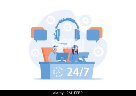 Customer service operators with headsets at computers consulting clients 24 for 7. Call center, handling call system, virtual call center concept, fla Stock Vector