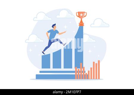 Businessman jumps on graph columns on the way to success. Positive thinking and success achievement, self-confidence concept on white background, flat Stock Vector