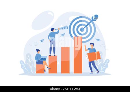 Businessman on top looking into telescope and employees. Business opportunity, bizopp and franchising, distribution concept on white background, flat Stock Vector