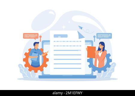 Business team editing shared document on laptop online. Shared document, shared folder access, collaborative document editing concept, flat vector mod Stock Vector