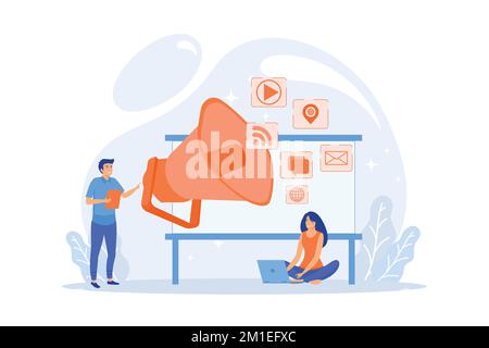 Marketing team work and huge megaphone with media icons. Marketing and branding, billboard and ad, marketing strategies concept on white background, f Stock Vector