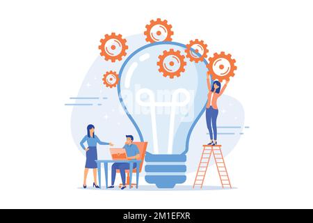 Business team putting gears on big lightbulb. New idea engineering, business model innovation and design thinking concept on white background, flat ve Stock Vector