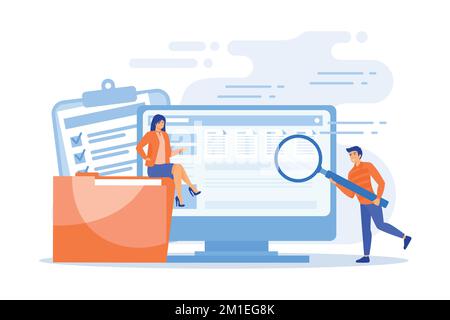 Tiny business people with magnifier work with document management on computer. Document management soft, document flow app, compound docs concept, fla Stock Vector