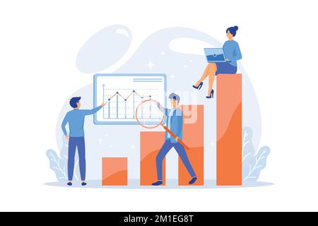 Marketers with magnifier research marketing opportunities chart. Marketing research, marketing analysis, market opportunities and problems concept, fl Stock Vector