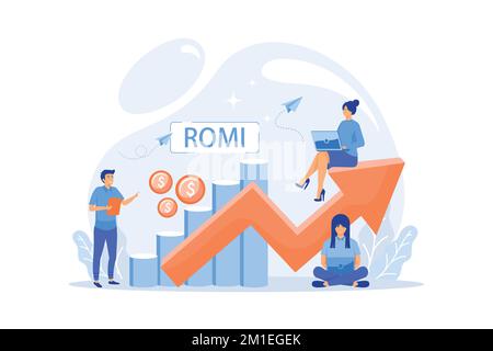 Marketing investment effectiveness chart, tiny people. Marketing investment, return on marketing investment, advertising investment returns concept, f Stock Vector