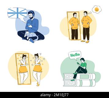 Self love and learning 2D vector isolated linear illustrations set Stock Vector
