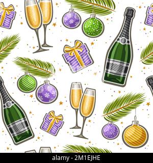 Vector New Year seamless pattern, square repeat background with illustrations of colorful hanging balls on spruce branches, pair wine glasses and deco Stock Vector