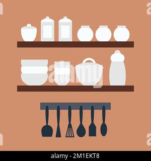 Vector kitchen utensils on shelves set Stock Vector