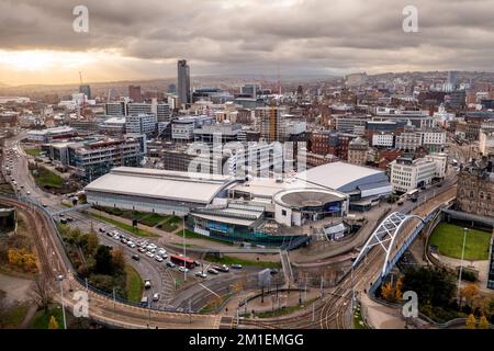 SHEFFIELD, UK - DECEMBER 6, 2022.  An aerial panorama of Sheffield city centre with Ponds Forge International swimming pool Stock Photo