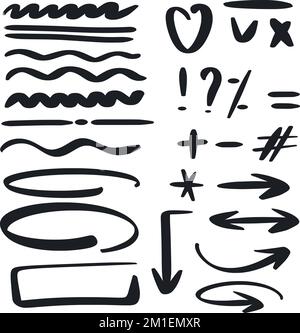 Set hand drawn design elements in doodle style. Arrows, brush strokes, markers, signs and symbols isolated in black on white background. Simple sketch Stock Vector