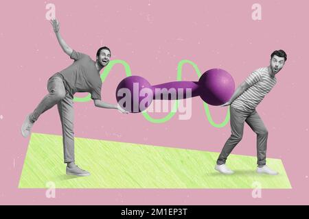 Creative collage image of two excited funny mini guys hold carry huge dumbbell isolated on drawing background Stock Photo
