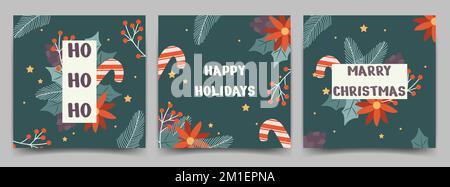 Set of Merry and bright corporate Holiday cards. Retro style design elements. Universal abstract creative floral card templates. Vector illustration. Stock Vector