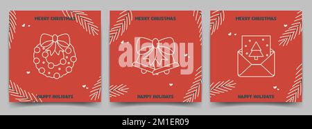 Postcards Merry Christmas. Templates with line elements bells, wine, postcard, tree branch and text. Square greeting cards. Vector illustration. Stock Vector