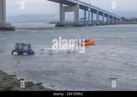 Practice tractor launch of the North Kessock Lifeboat, from the lifeboat station slipway, under the Kessock Bridge, Black Isle, Ross-shire. Stock Photo