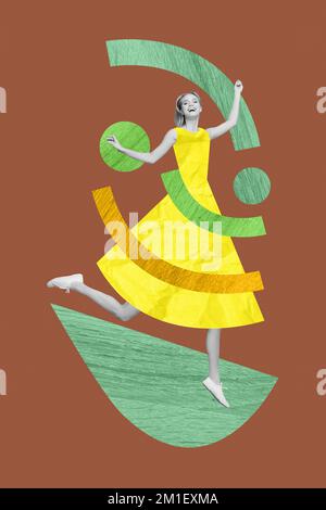 Vertical collage picture of excited positive black white gamma girl jumping have good mood isolated on creative background Stock Photo