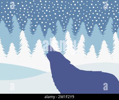 Vector wolf silhouette isolated on winter landscape background Stock Vector