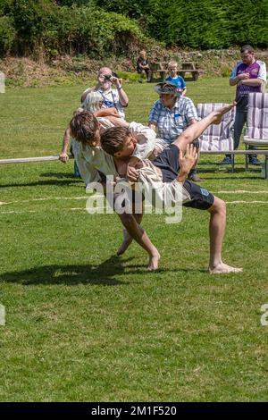 Two young teenagers brothers competing in the Grand Cornish Wrestling Tournament on the picturesque village green of St Mawgan in Pydar in Cornwall in Stock Photo