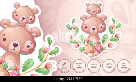 Cartoon cute baby bear line art Sticker and t-shirt design