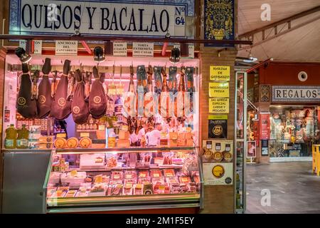 Traditional indoor Triana Market in Seville, Spain. European food market Stock Photo