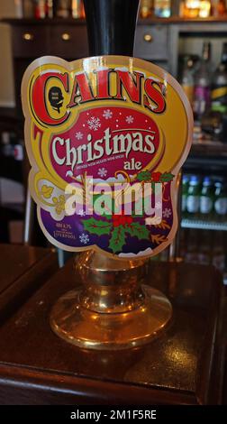 Cains Xmas brewery beer, established 1850, Liverpool, at Doctor Duncans bar, St John's Ln, Queen Square, Liverpool, Merseyside, England, UK, L1 1HF Stock Photo