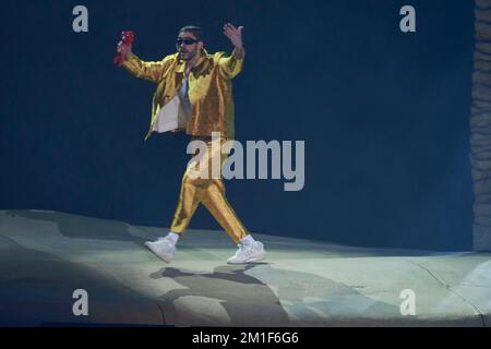 Puerto Rican Rapper Bad Bunny performs during his World's Hottest Tour at Estadio Azteca. on December 10, 2022 in Mexico City, Mexico. (Photo by Jaime Nogales/ Eyepix Group) (Photo by Eyepix/Sipa USA) Stock Photo