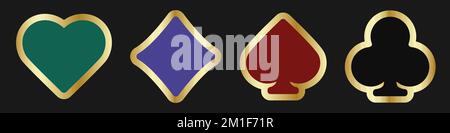 Set collection gambling sign symbol of playing card suits and chips with golden border for poker and casino. Hearts, clubs, diamonds and spades on an Stock Vector