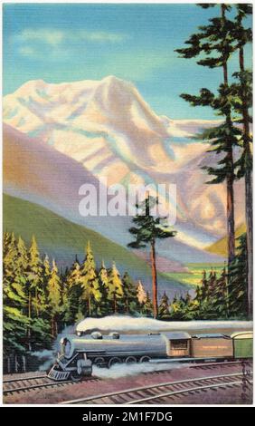 Mount Rainier, America's noblest peak, massive white Mt. Rainier, Washington, bursts into view when the North Coast Limited tops Stampede Pass in the Cascade Mountains. , Mountains, Northern Pacific Railway Company, Tichnor Brothers Collection, postcards of the United States Stock Photo