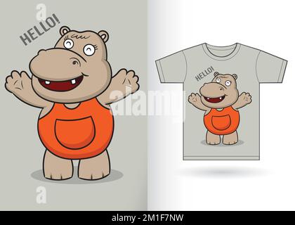 Cute cartoon hippo for t shirt with template Stock Vector