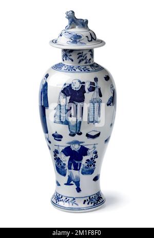 Traditional Chinese  blue and white jar with cover isolated  on white background Stock Photo