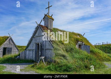 Norstead, Newfoundland, Canada: The chapel at the Norstead Viking Village and Port of Trade, a reconstruction of a Viking Age settlement. Stock Photo