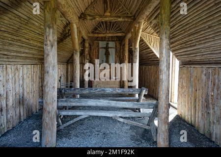 Norstead, Newfoundland, Canada: Interior of the chapel at the Norstead Viking Village and Port of Trade, a reconstruction of a Viking Age settlement. Stock Photo