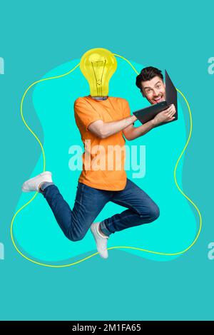 Collage artwork graphics picture of funny guy head inside apple samsung modern gadget isolated painting background Stock Photo