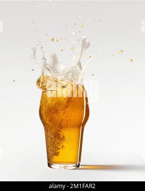 Ice cube falling down. Glass with chill foamy lager beer isolated over grey background. Concept of alcohol, oktoberfest, drinks Stock Photo