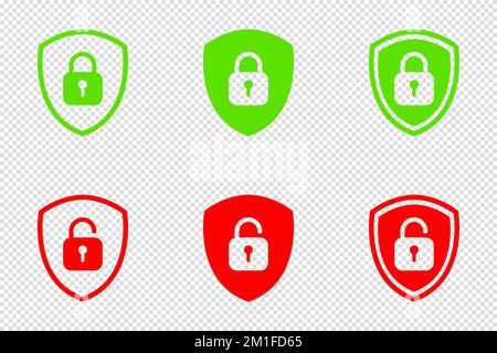Set of Shield Lock and Unlock Icon. Symbol padlock. Vector sign Illustration. Stock Vector