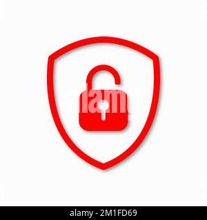 Icon or symbol of a shield with a opened padlock. Sign unlock on a white background. Vector illustration. Stock Vector